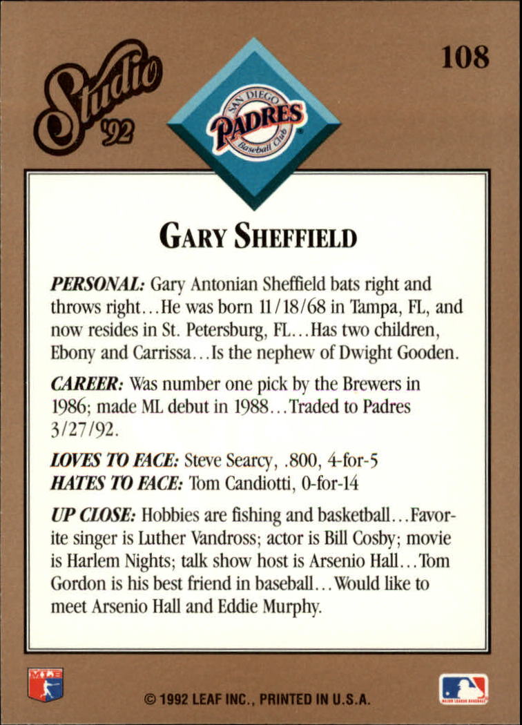 1992 Studio #108 Gary Sheffield back image