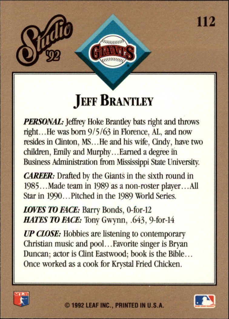 1992 Studio #112 Jeff Brantley back image