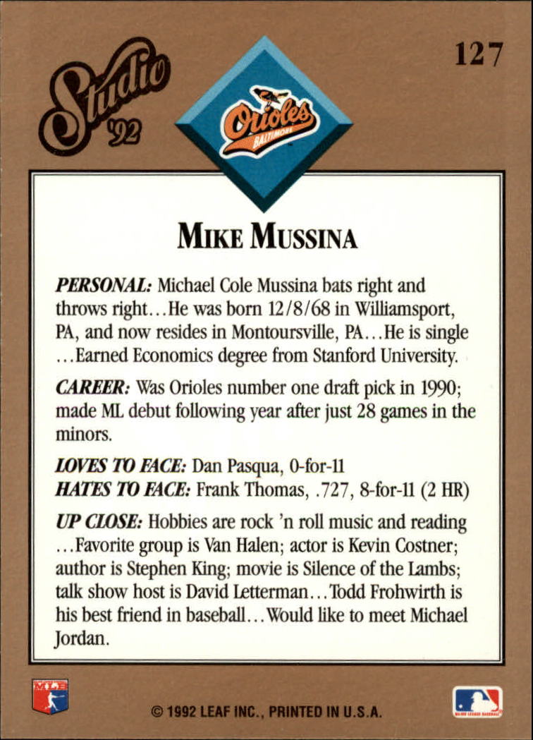 1992 Studio #127 Mike Mussina back image
