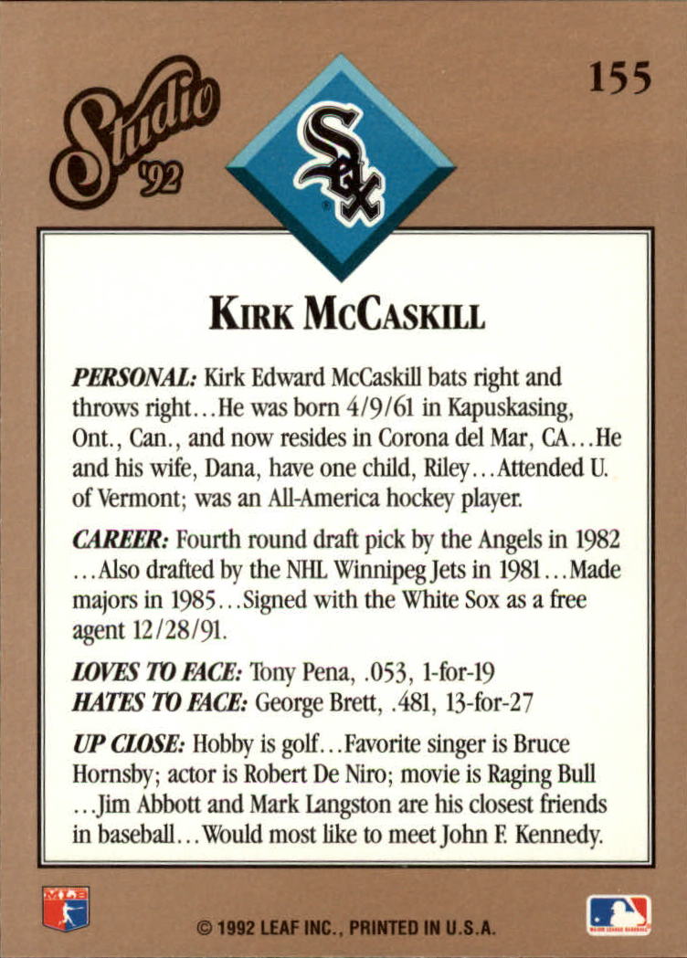 1992 Studio #155 Kirk McCaskill back image