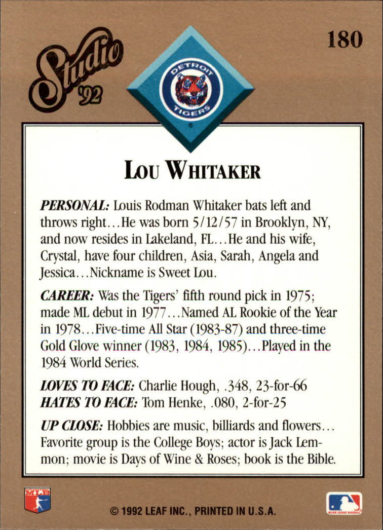 1992 Studio #180 Lou Whitaker back image