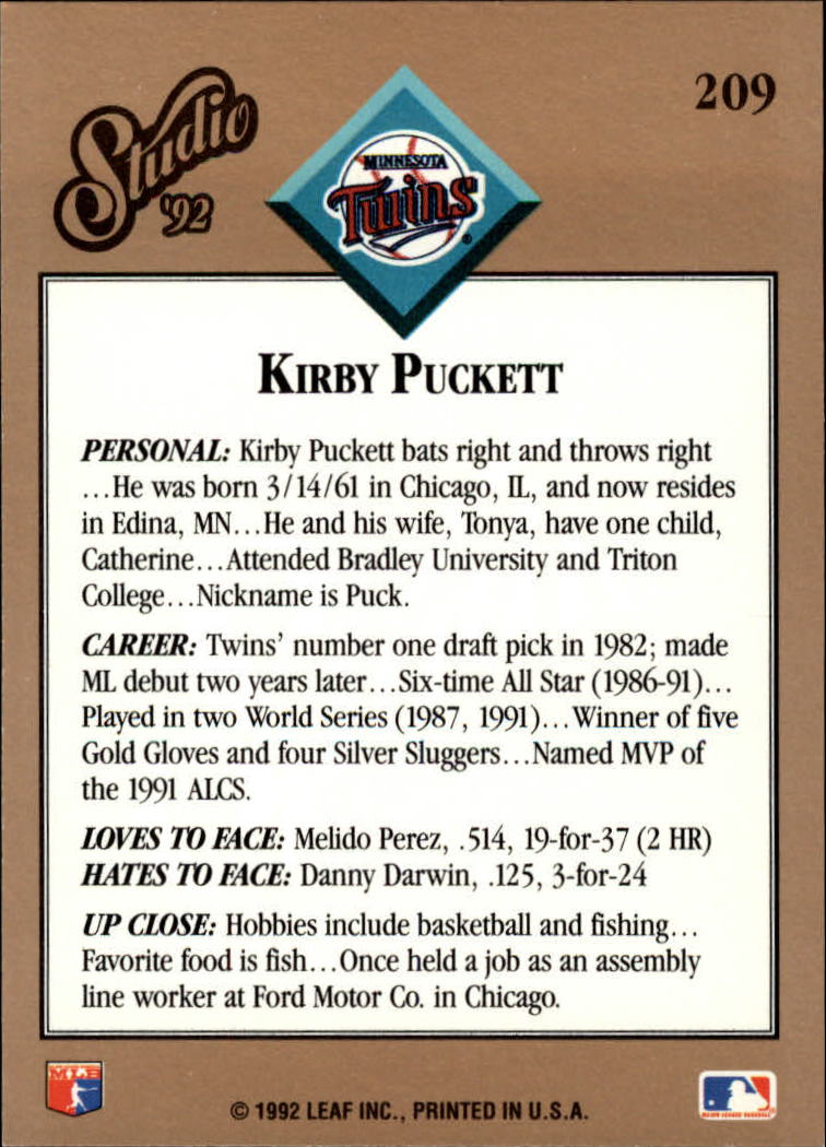 1992 Studio #209 Kirby Puckett back image