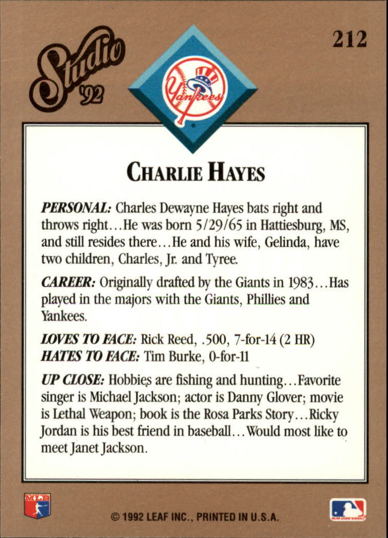 1992 Studio #212 Charlie Hayes back image