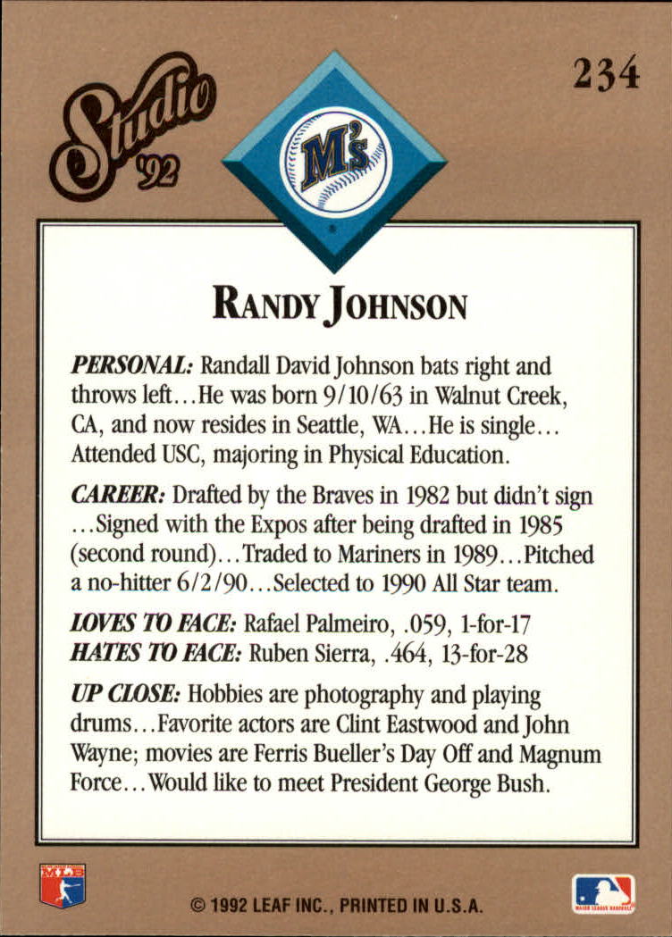 1992 Studio #234 Randy Johnson back image