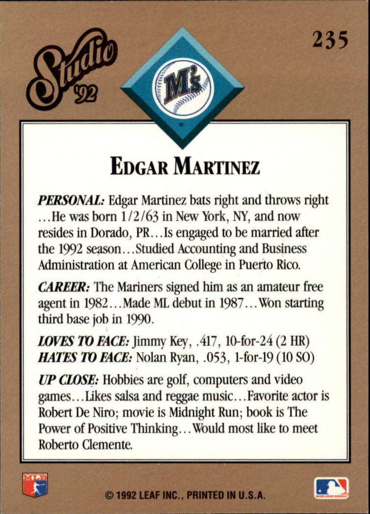 1992 Studio #235 Edgar Martinez back image