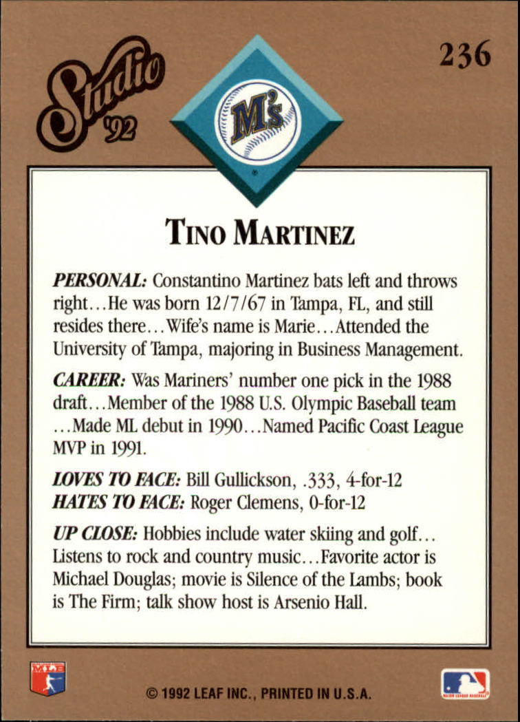 1992 Studio #236 Tino Martinez back image