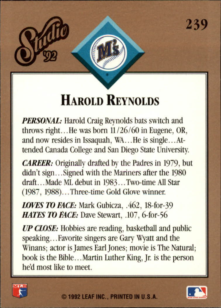 1992 Studio #239 Harold Reynolds back image