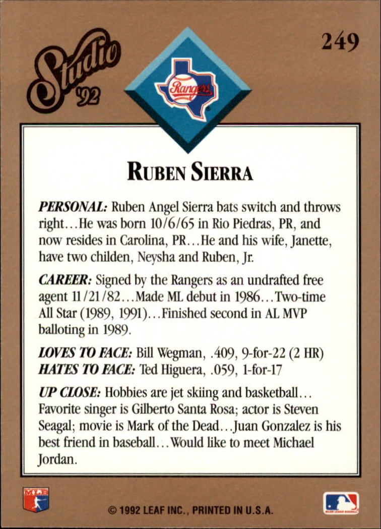 1992 Studio #249 Ruben Sierra back image