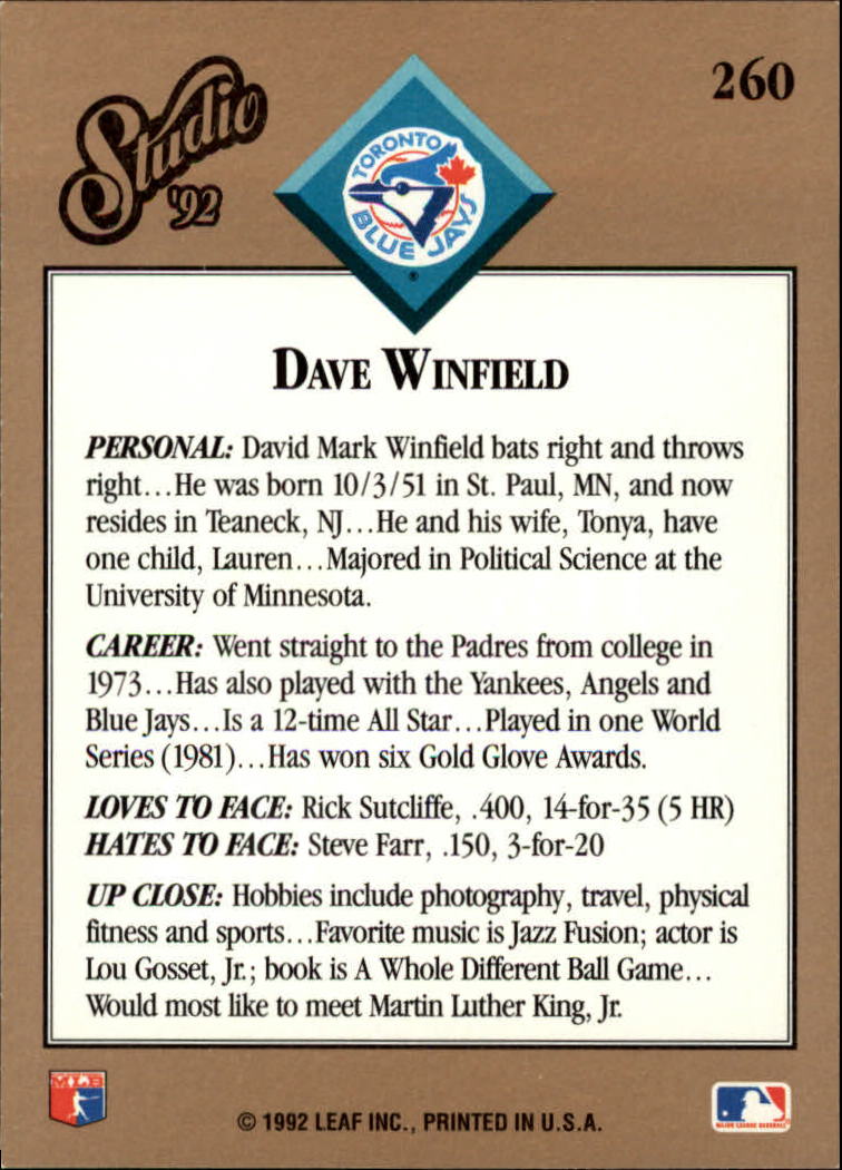 1992 Studio #260 Dave Winfield back image