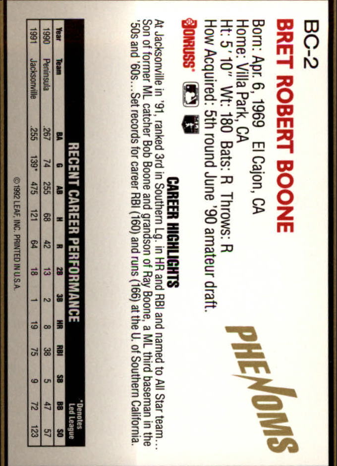 1992 Donruss Rookies Phenoms #BC2 Bret Boone back image