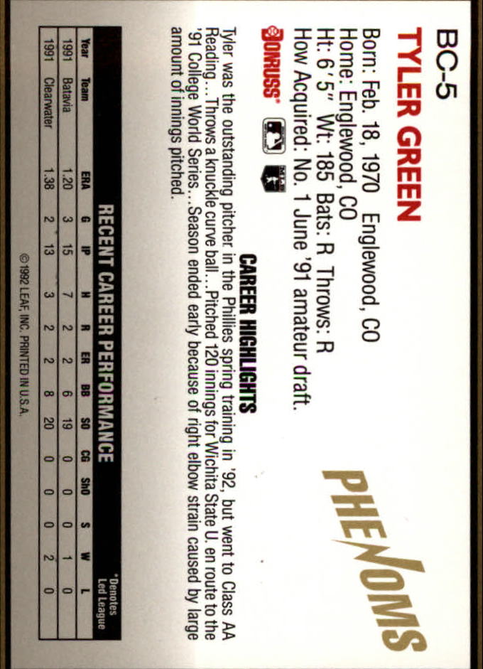 1992 Donruss Rookies Phenoms #BC5 Tyler Green back image