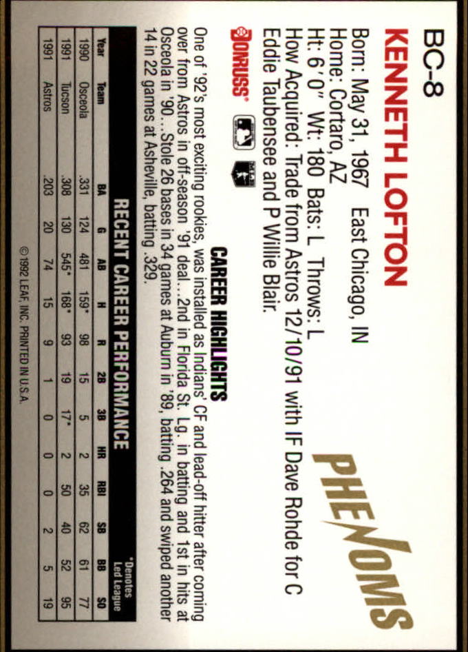 1992 Donruss Rookies Phenoms #BC8 Kenny Lofton back image