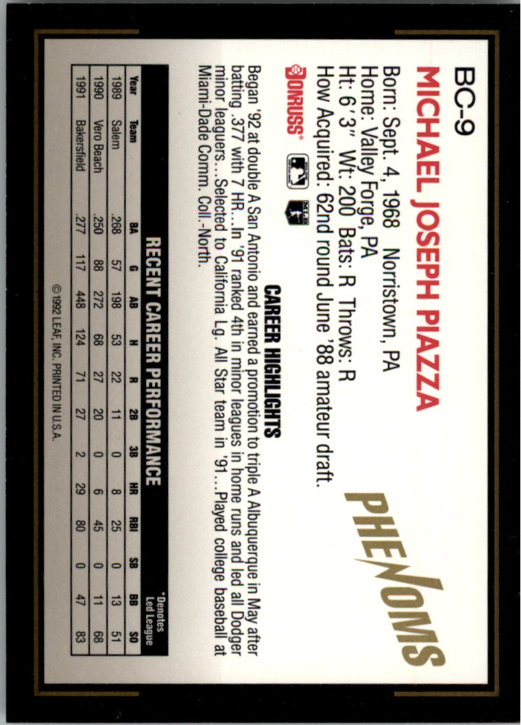 1992 Donruss Rookies Phenoms #BC9 Mike Piazza back image