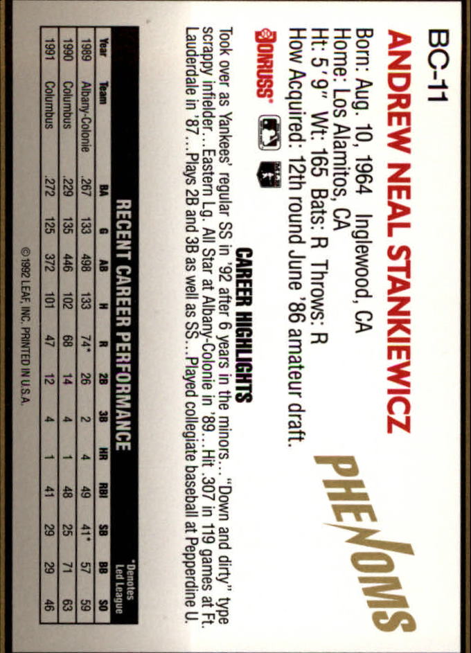 1992 Donruss Rookies Phenoms #BC11 Andy Stankiewicz back image
