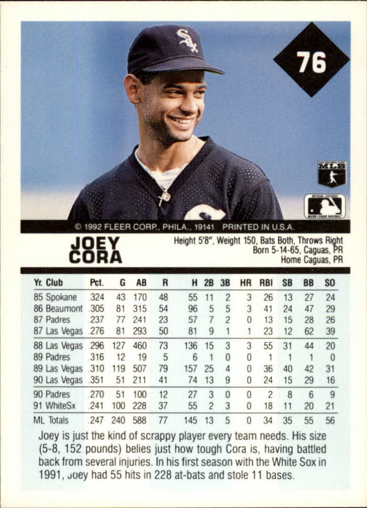 1992 Fleer #76 Joey Cora back image