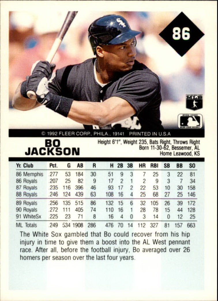 1992 Fleer #86 Bo Jackson back image