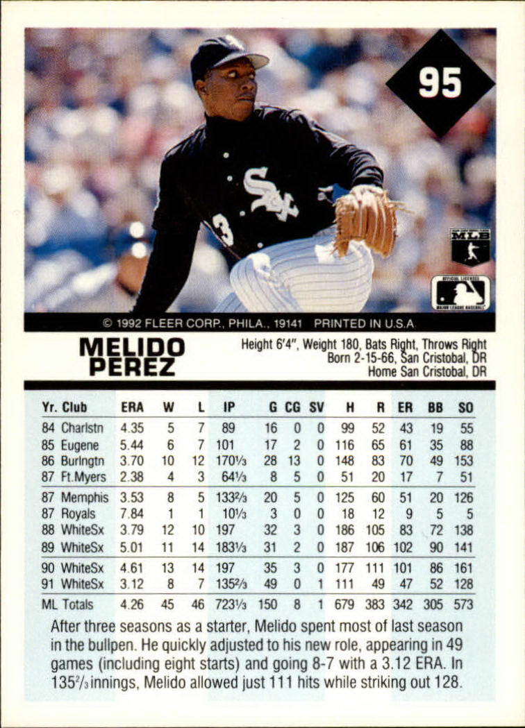 1992 Fleer #95 Melido Perez back image