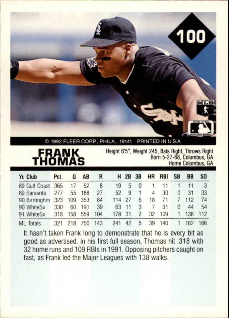 1992 Fleer #100 Frank Thomas back image