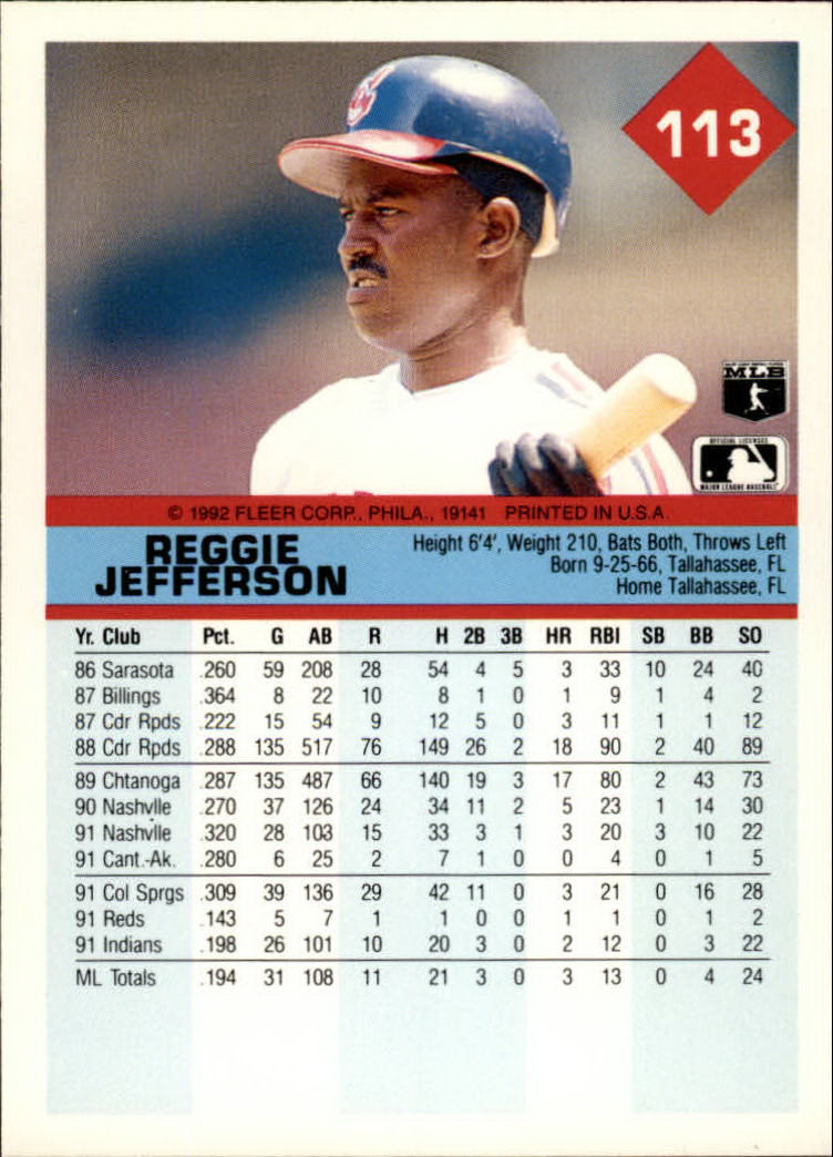 1992 Fleer #113 Reggie Jefferson back image