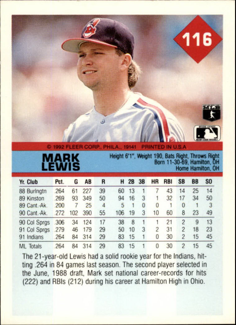 1992 Fleer #116 Mark Lewis back image