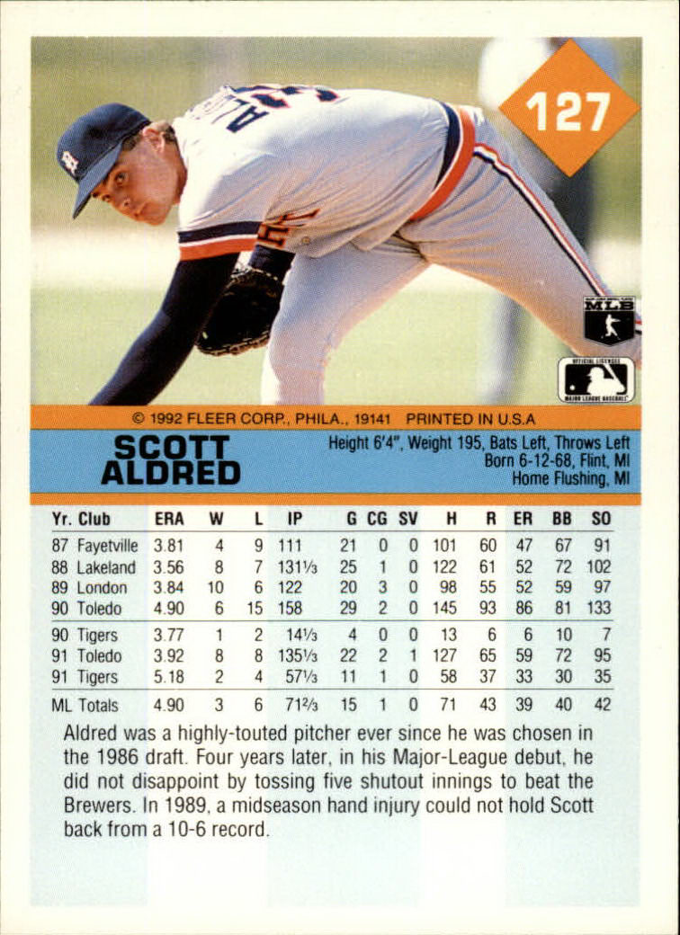 1992 Fleer #127 Scott Aldred back image