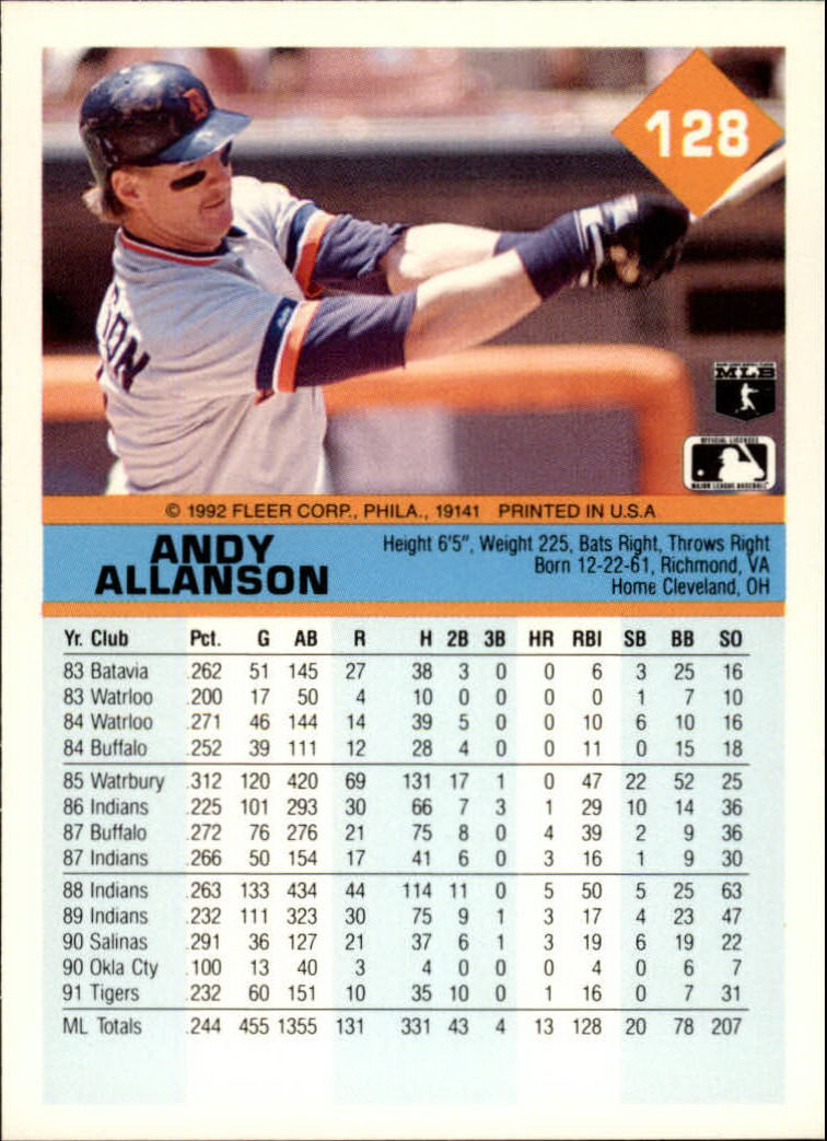 1992 Fleer #128 Andy Allanson back image