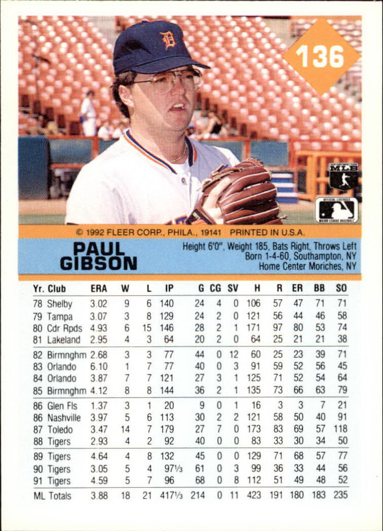1992 Fleer #136 Paul Gibson back image