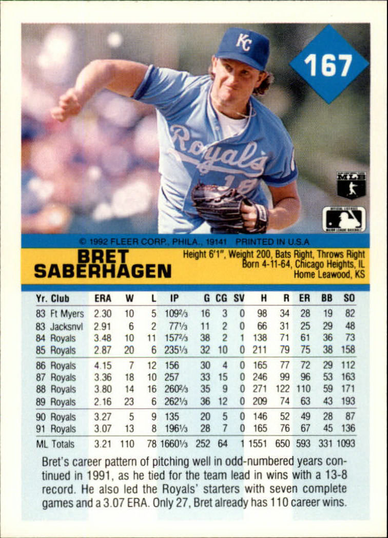 1992 Fleer #167 Bret Saberhagen back image