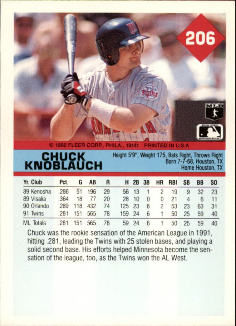 1992 Fleer #206 Chuck Knoblauch UER/Career hit total/of 59 is wrong back image
