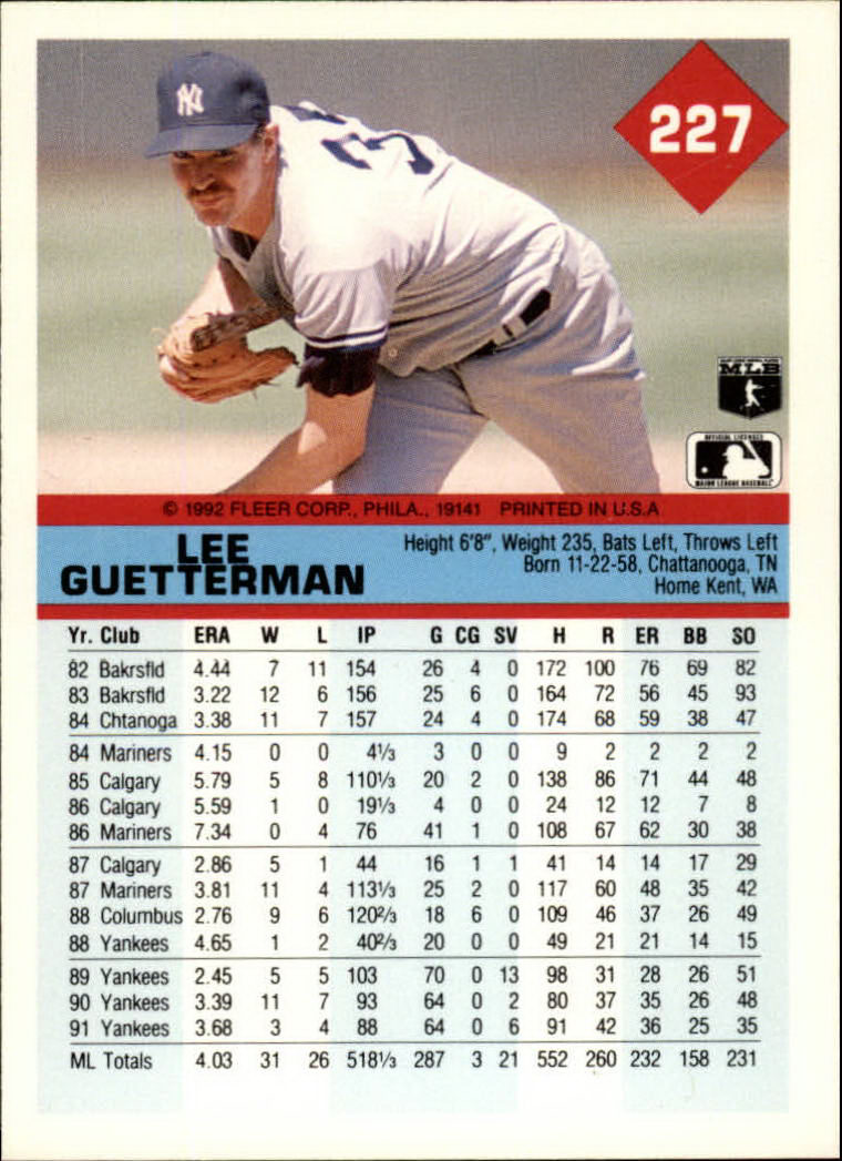 1992 Fleer #227 Lee Guetterman back image