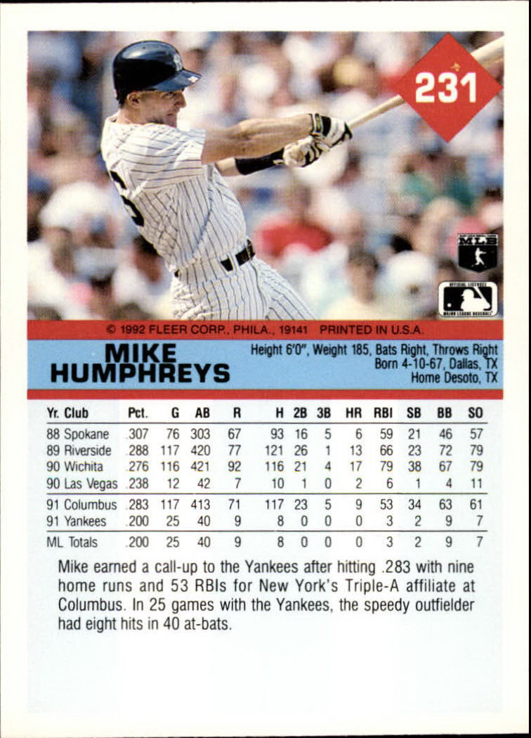 1992 Fleer #231 Mike Humphreys back image