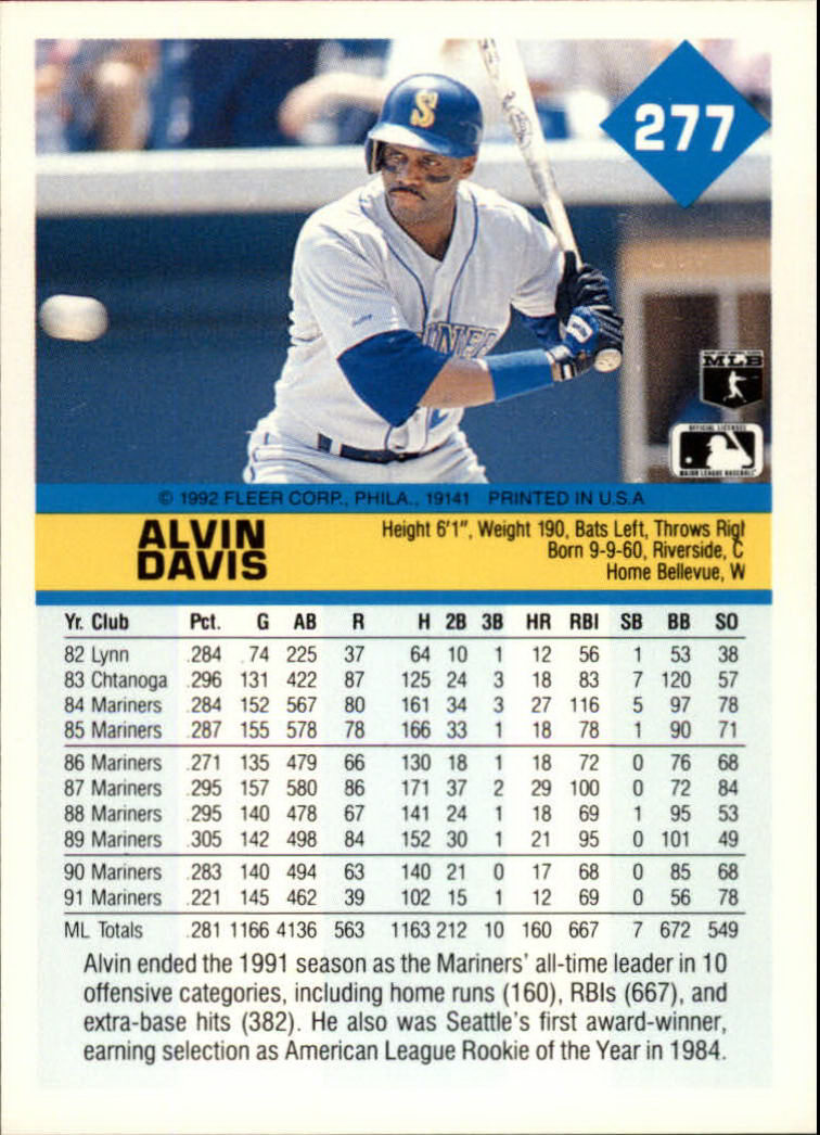1992 Fleer #277 Alvin Davis back image