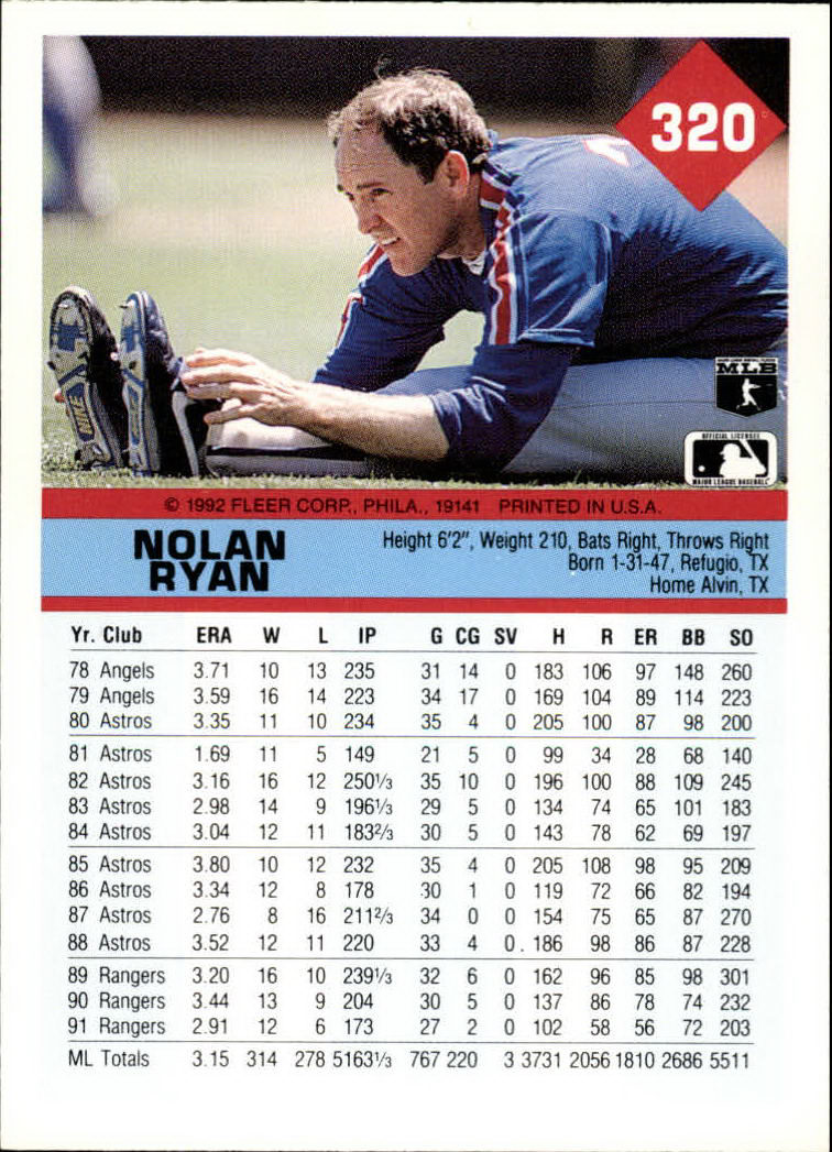 1992 Fleer #320 Nolan Ryan back image