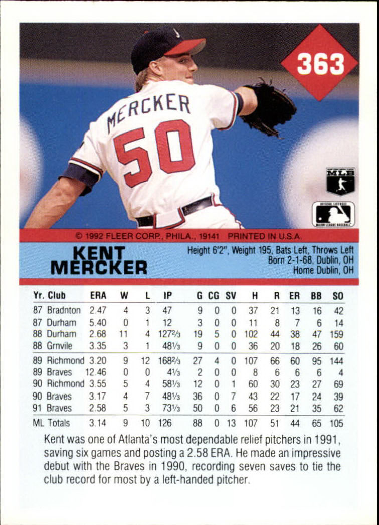 1992 Fleer #363 Kent Mercker back image