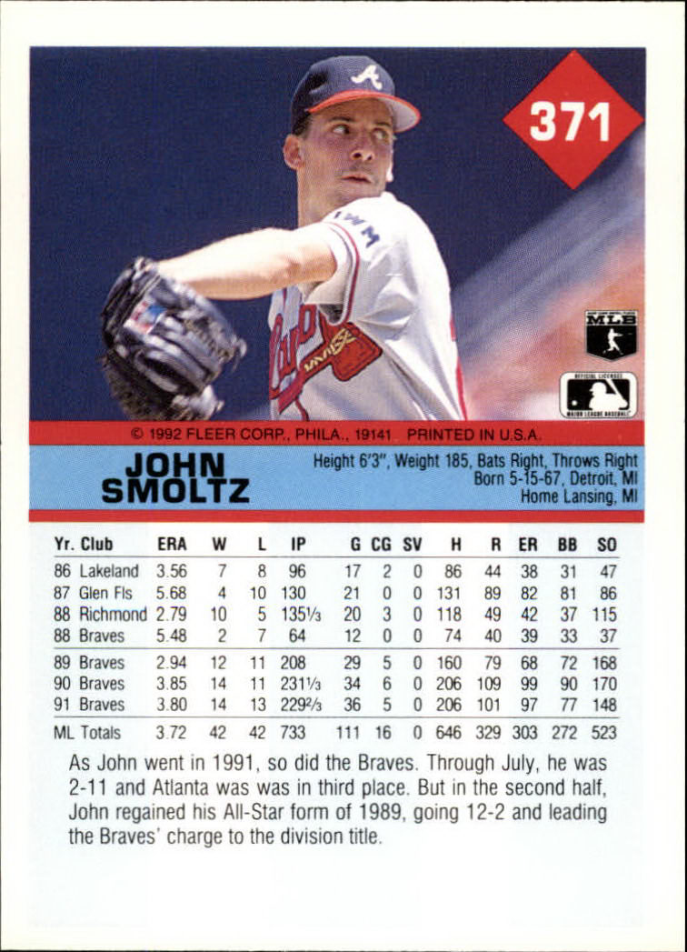 1992 Fleer #371 John Smoltz back image