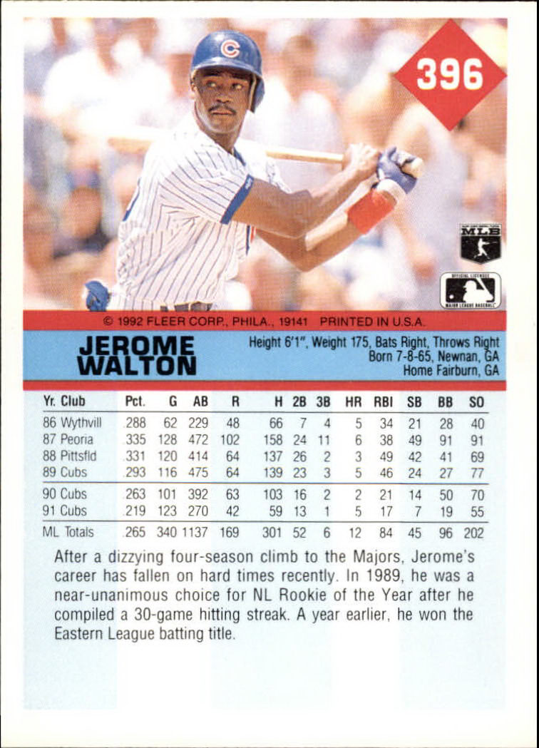 1992 Fleer #396 Jerome Walton back image