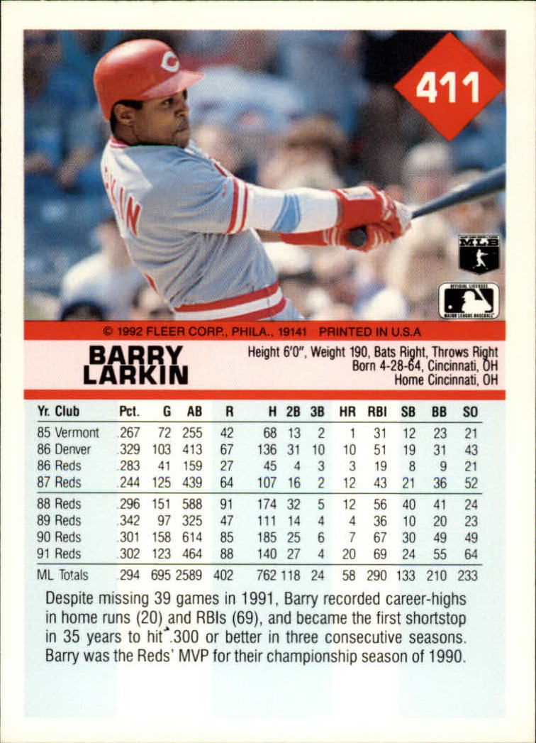 1992 Fleer #411 Barry Larkin back image