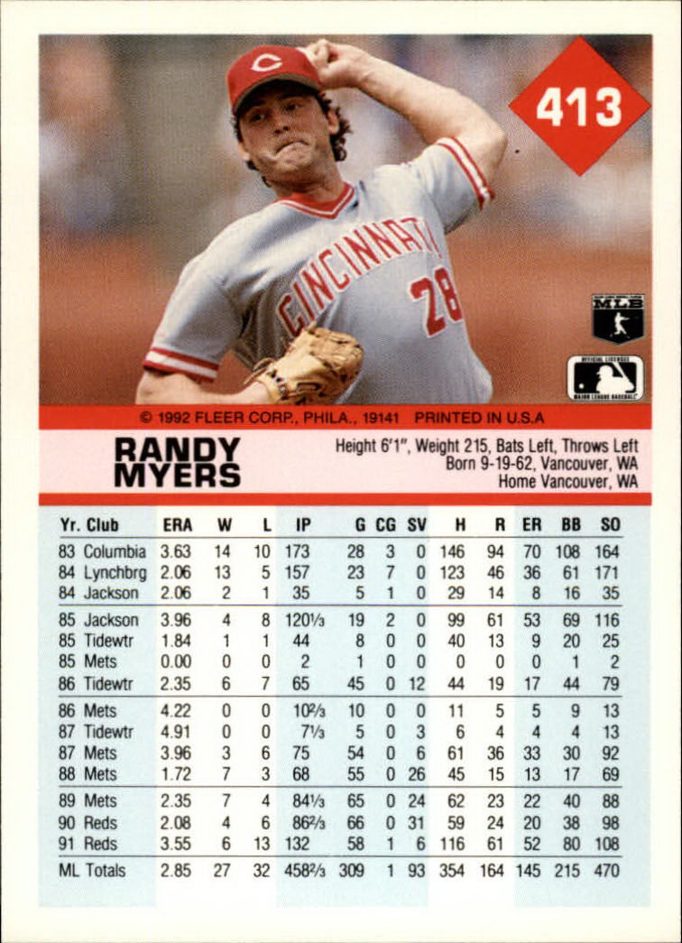 1992 Fleer #413 Randy Myers back image