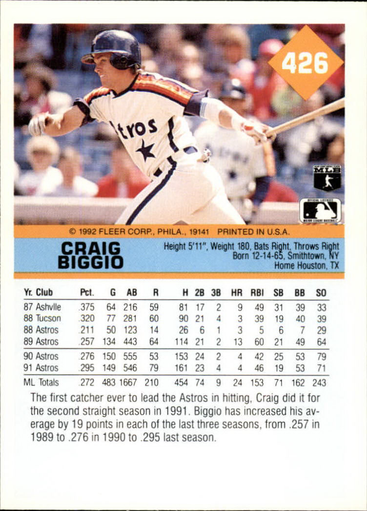 1992 Fleer #426 Craig Biggio back image