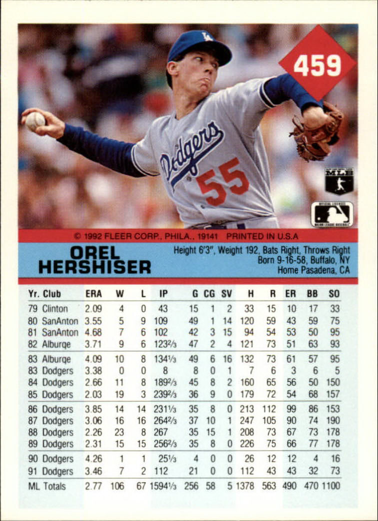 1992 Fleer #459 Orel Hershiser back image