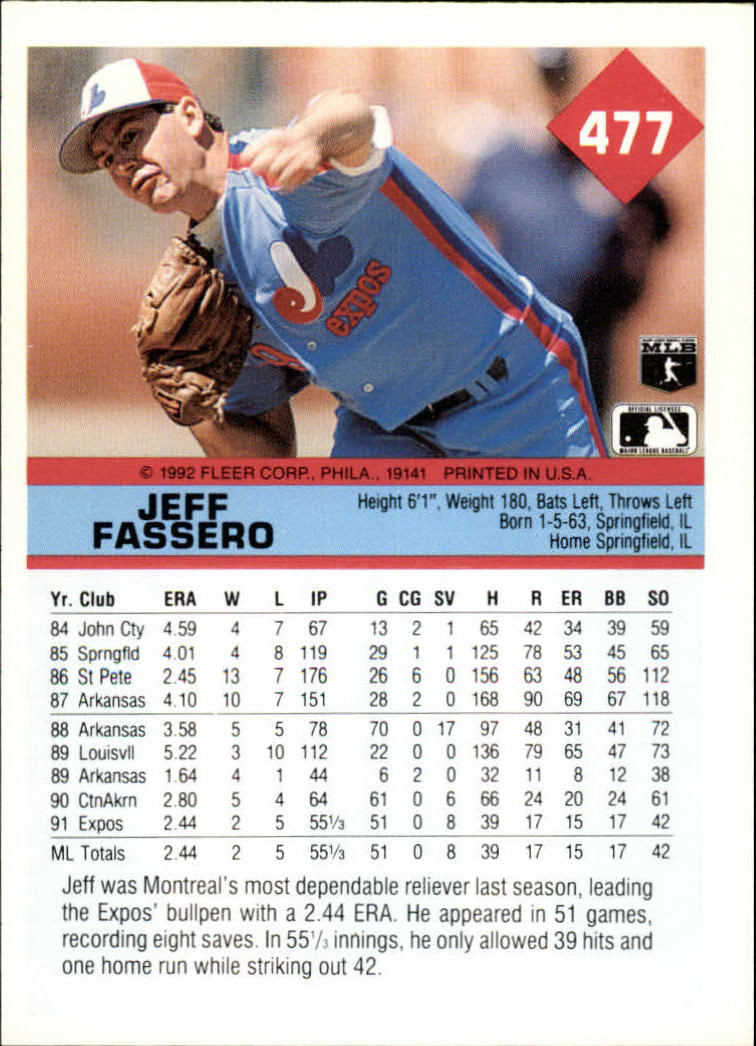 1992 Fleer #477 Jeff Fassero back image