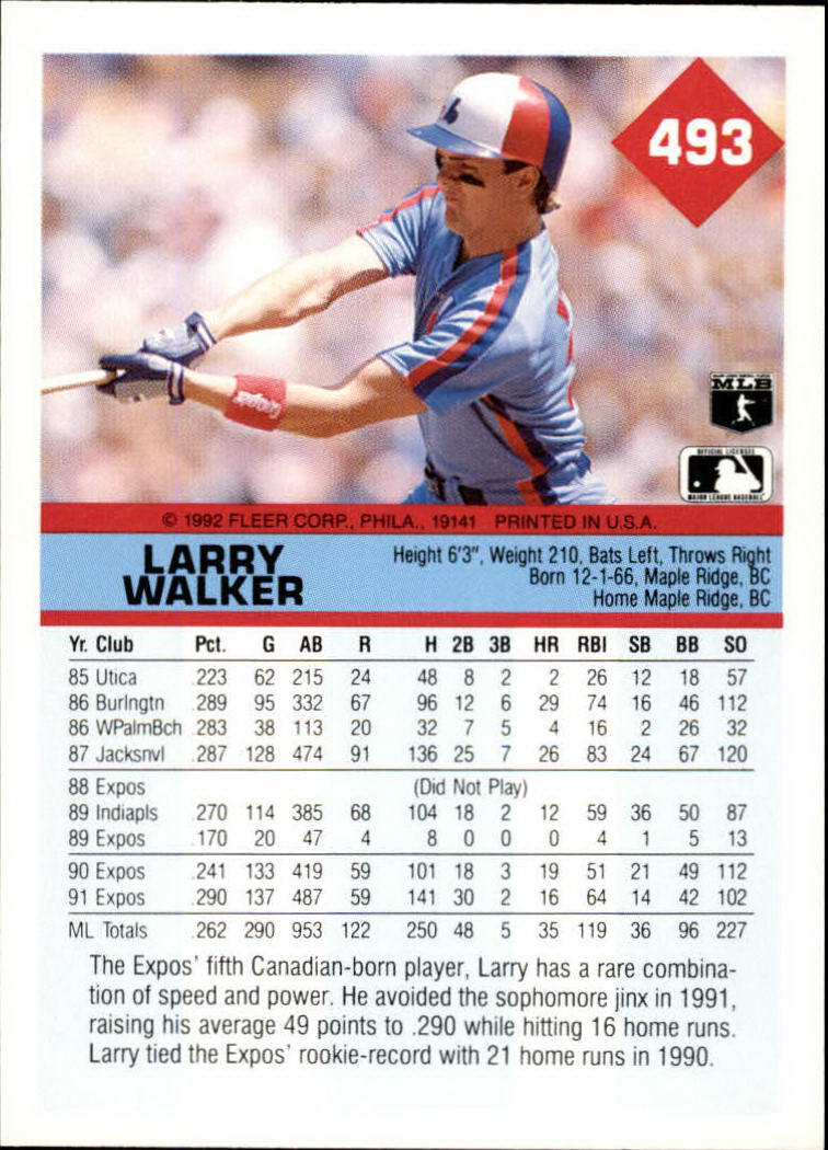 1992 Fleer #493 Larry Walker back image