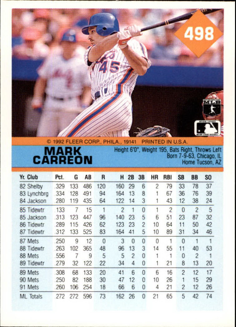 1992 Fleer #498 Mark Carreon back image