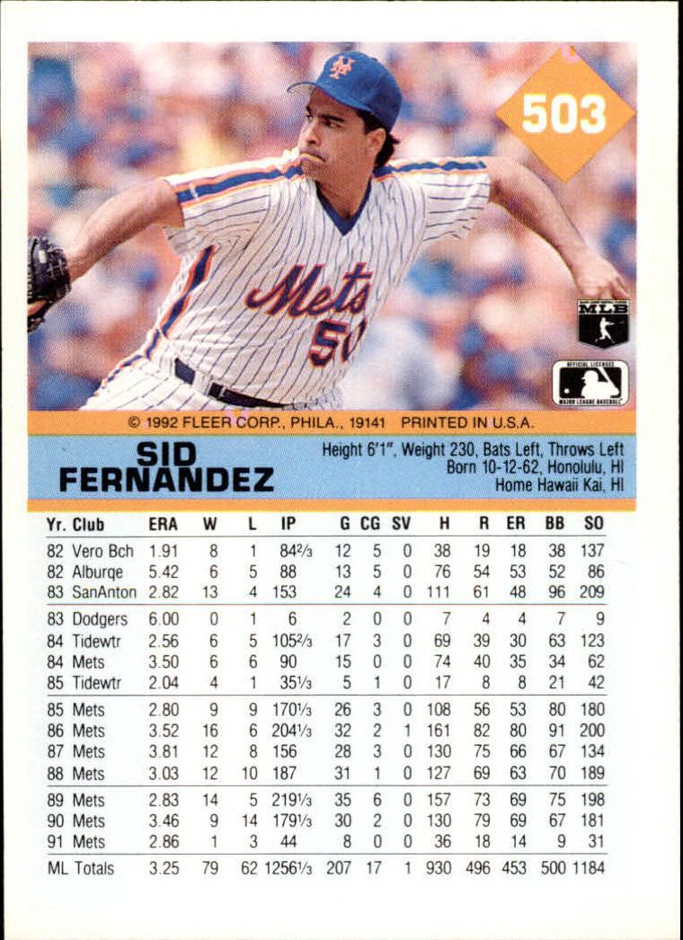 1992 Fleer #503 Sid Fernandez back image