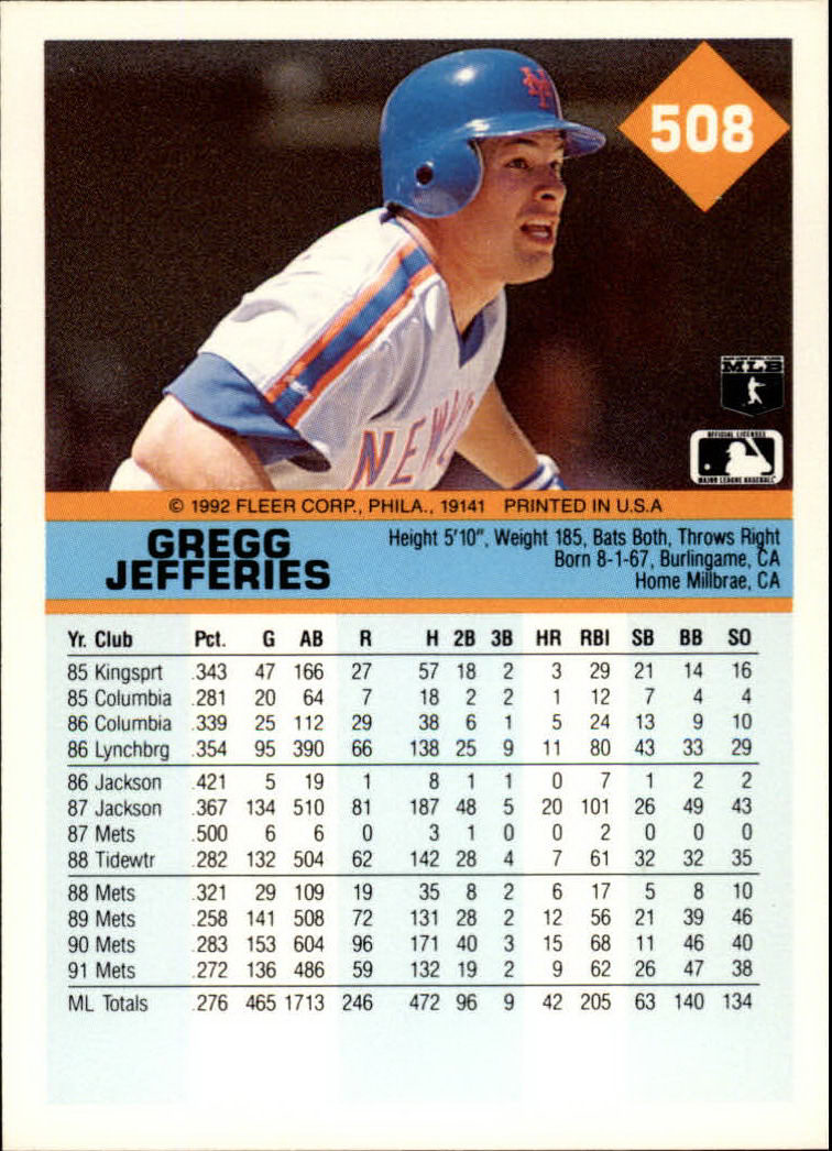 1992 Fleer #508 Gregg Jefferies back image