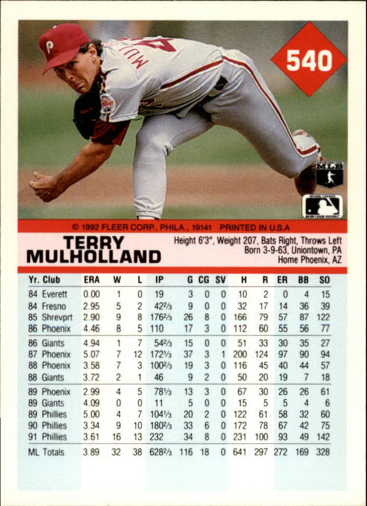 1992 Fleer #540 Terry Mulholland back image