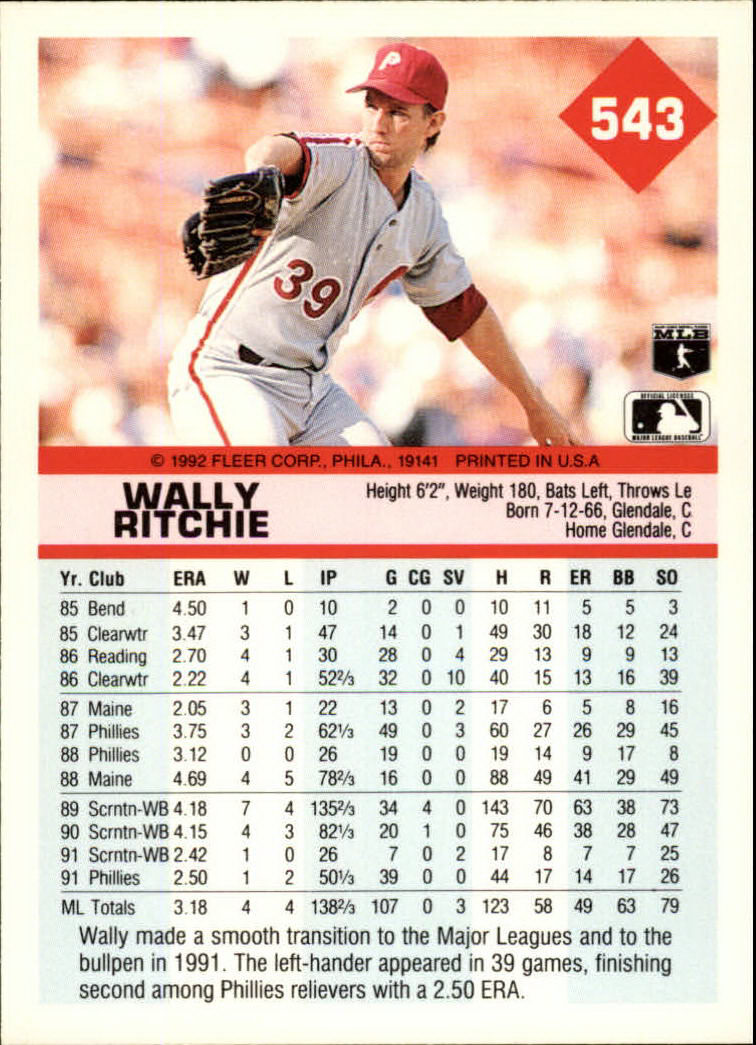 1992 Fleer #543 Wally Ritchie UER/Letters in data are/cut off on card back image