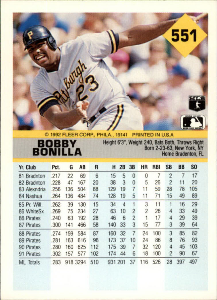 1992 Fleer #551 Bobby Bonilla back image