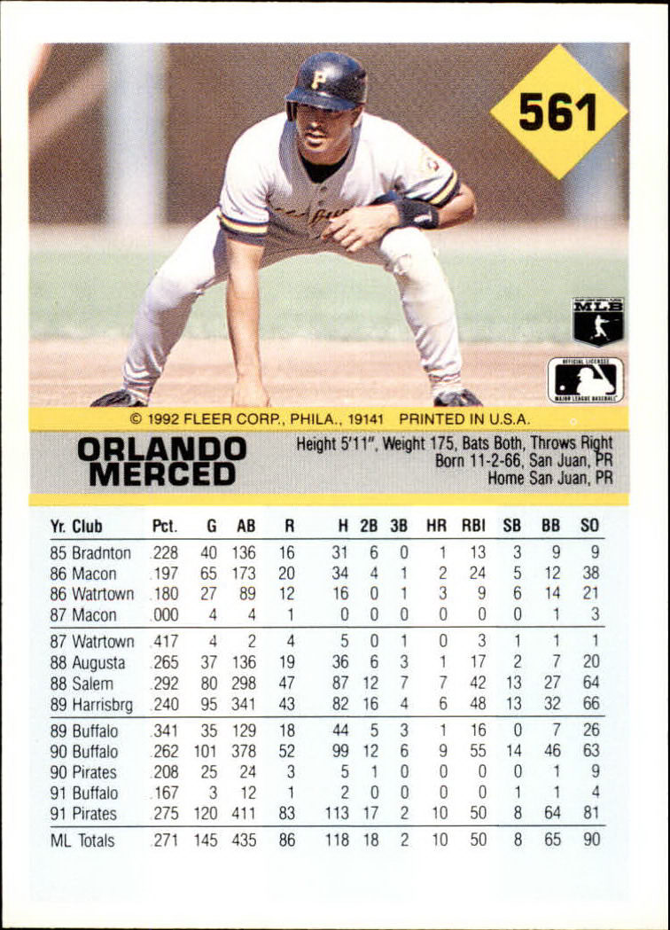 1992 Fleer #561 Orlando Merced back image