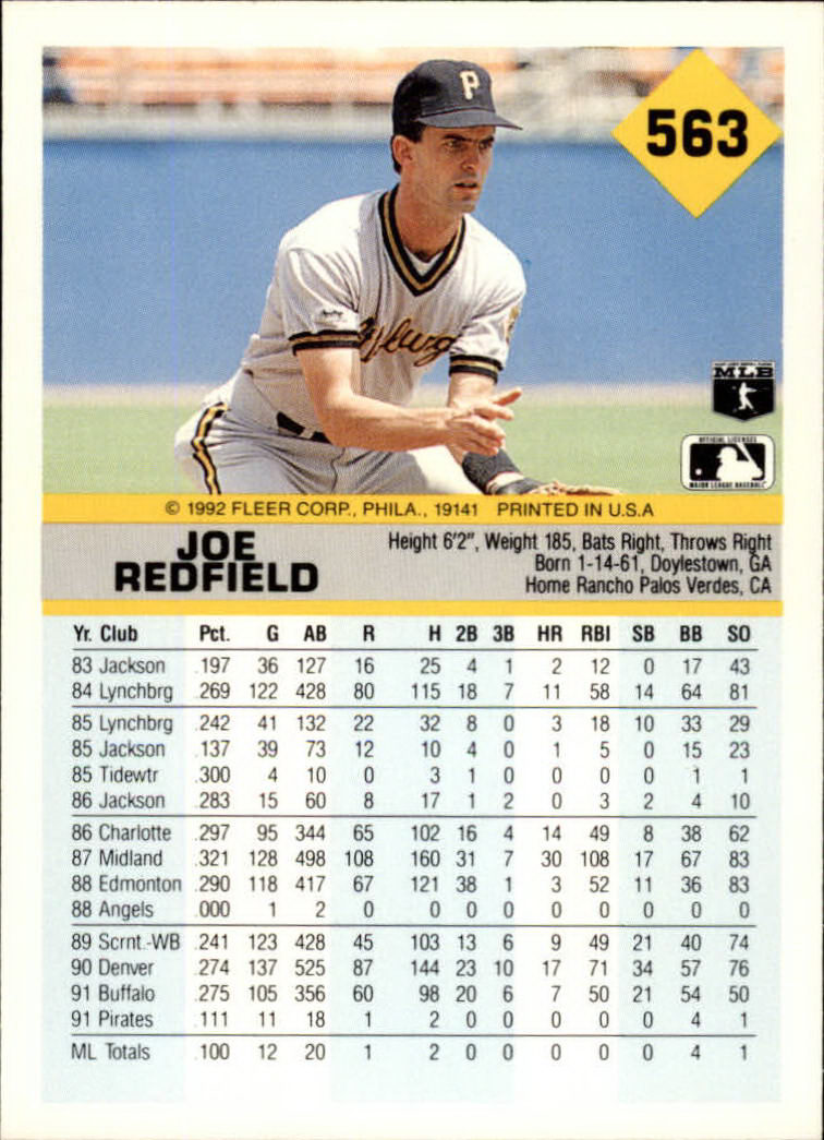 1992 Fleer #563 Joe Redfield back image